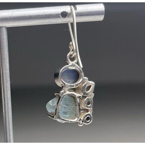 Sterling Silver 925 Earrings Rough Aquamarine Blue Topaz & Kyanite Hook Dangle - Picture 12 of 16